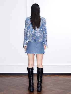 MUKZIN Linglong“Denim Series”Small A-Line Heavy Sequin Embroidered Denim Jacket