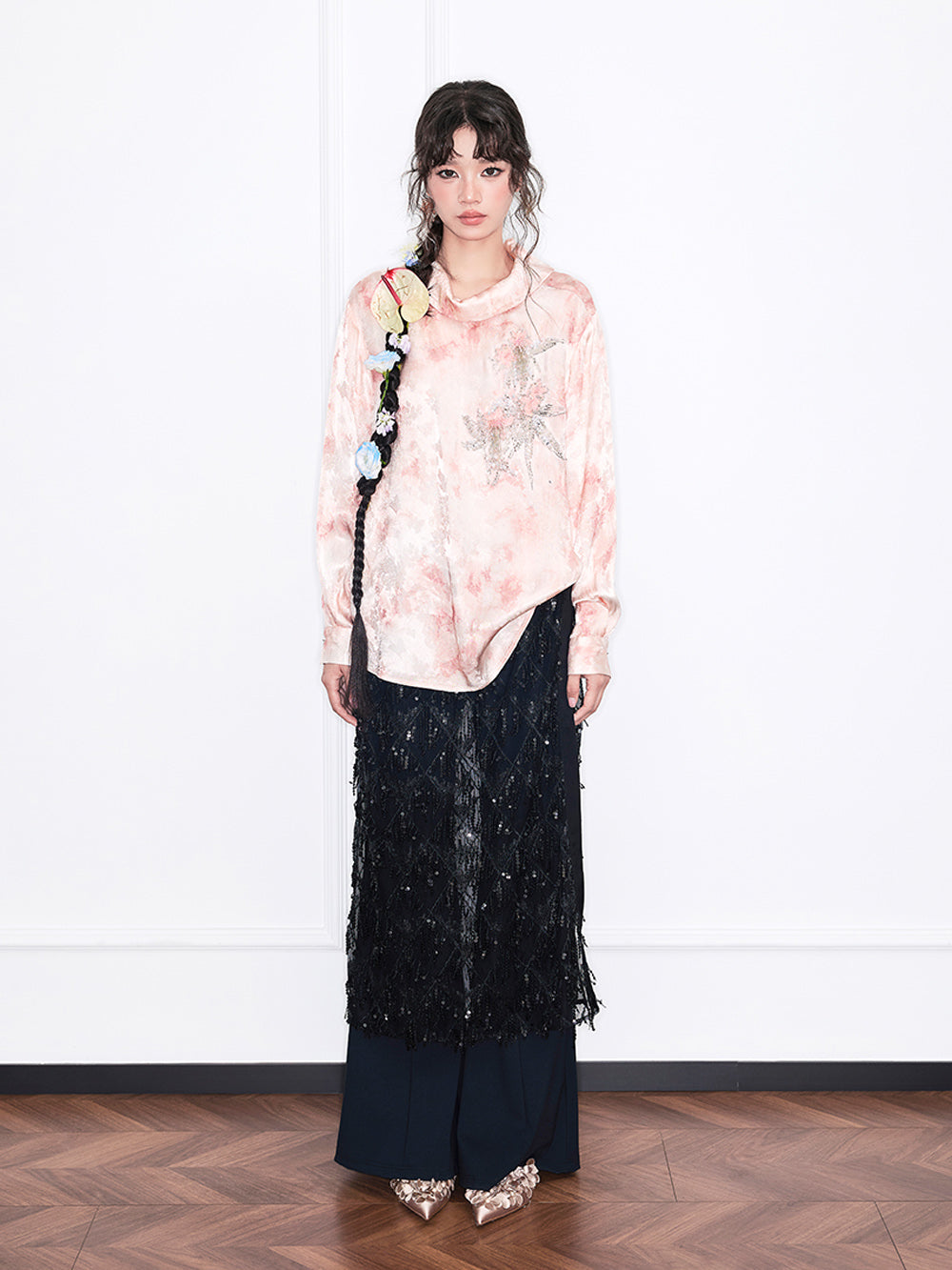 MUKZIN“Realm of Ethereal Mist”European-American Style Silky Draping Pink Gradient Long-Sleeve Shirt with Rhinestones & Slouchy Collar