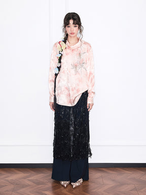 MUKZIN“Realm of Ethereal Mist”European-American Style Silky Draping Pink Gradient Long-Sleeve Shirt with Rhinestones & Slouchy Collar