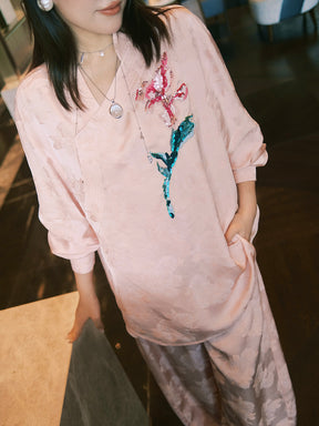 MUKZIN“Capsule Collection”Pink Jacquard Embroidery Loose Long Shirt