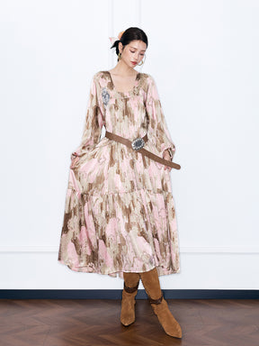 MUKZIN“Capsule Collection”Pink Abstract Print Tiered Maxi Dress | Oriental Sequin Embellished Long Sleeve Dress with Belt