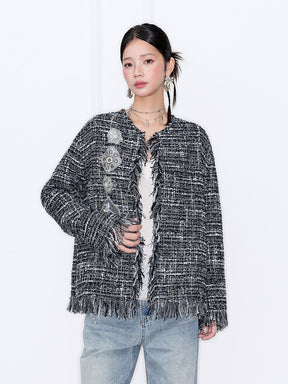 MUKZIN“Capsule Collection”Black & White Tweed Fringe Cardigan with Retro Diamond Embellishments (Chanel-Style Jacket)