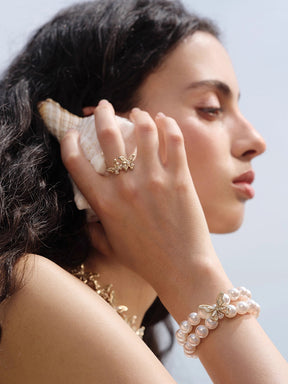 MUKTANK×SUN HUNTER “Emergence”Two-Tone Lace Butterfly Pearl Bracelet