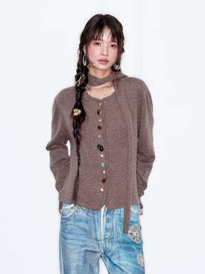 MUKZIN“The Sequence of Deer's Call”Coffee Color Halter Collar Colorful Button Decor Knit Cardigan