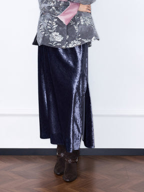 MUKZIN“Capsule Collection”Luxury Navy Velvet Side-Slit Midi Skirt