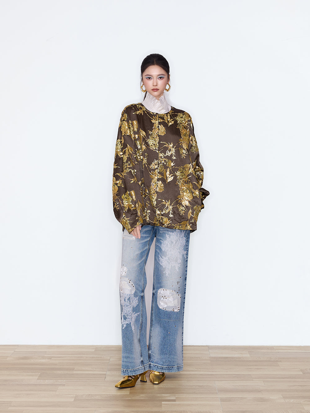 MUKZIN×Flourishing Blooms New Chinese-Style Floral Patch&Beaded High-Waist Jeans