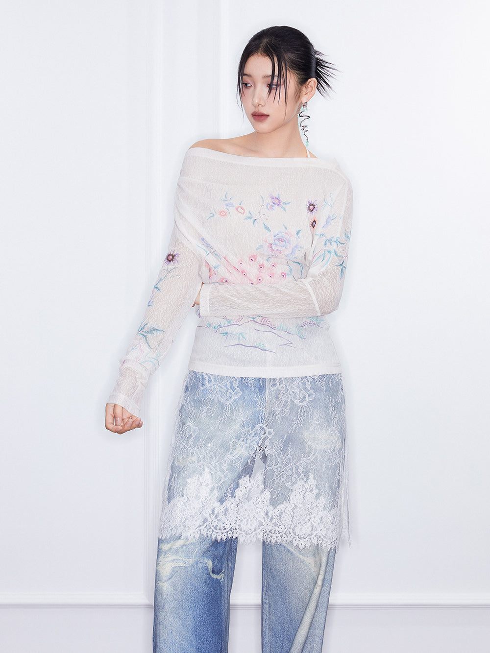 MUKZIN SpringPrelude “Joy of Sparrows” Asymmetric - shoulder Slim - fit Chinese - style Printed Undershirt
