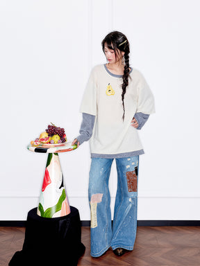 MUKZIN“Capsule Collection”Elegant Color - Blocked Fruit Embroidery Fake Two - Piece Sweatshirt