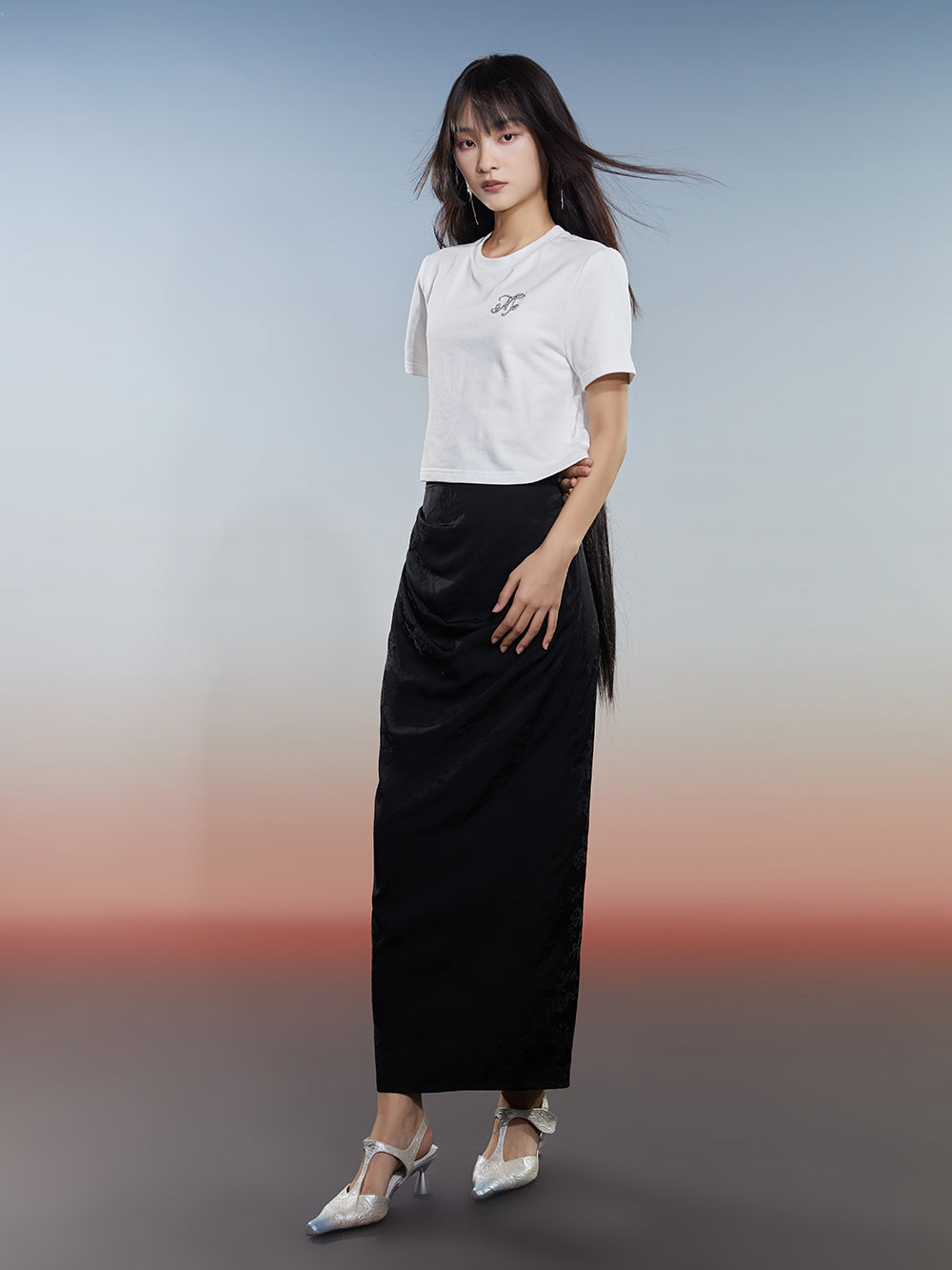 MUKZIN Black Slit Pleated Slim Skirt