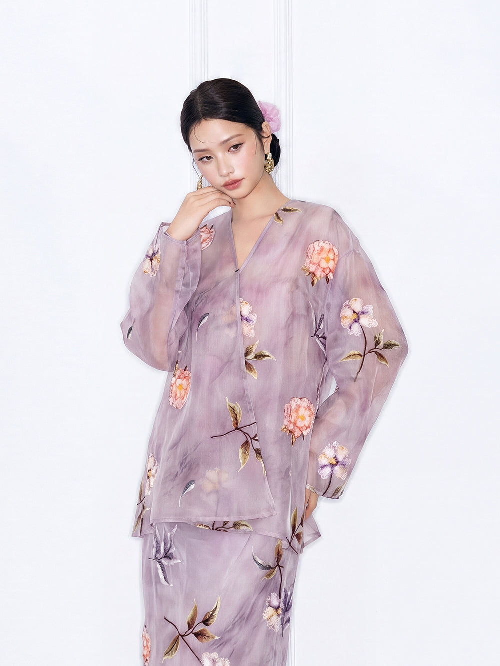 MUKZIN×"Capsule Collection" New Chinese Style Embroidered Loose Purple V-Neck Set Midi Skirt