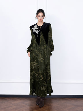 MUKZIN“Capsule Collection”Luxury Velvet Paneled Floral Print Maxi Dress
