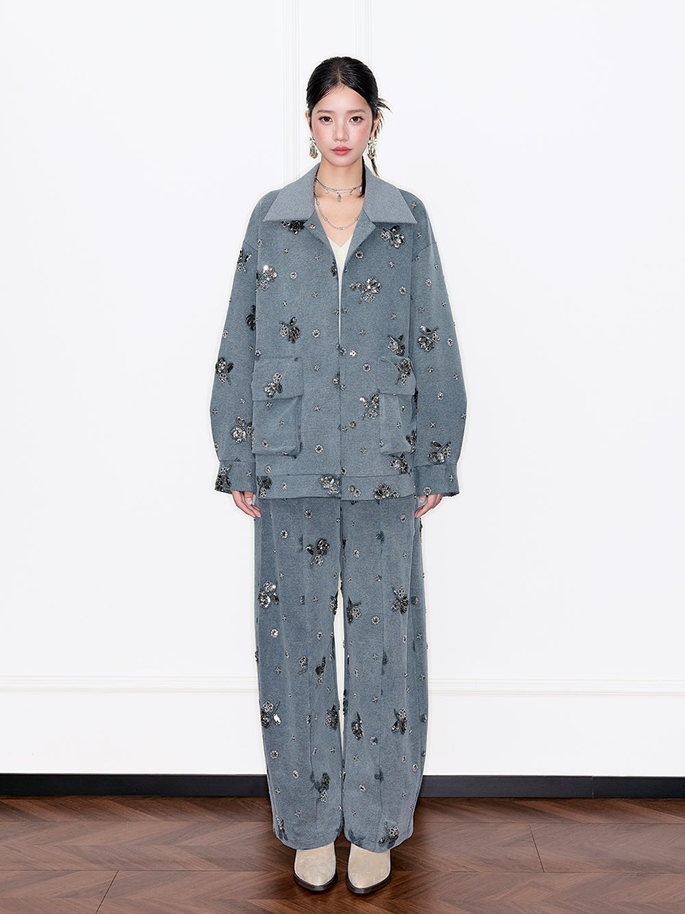 MUKZIN“Capsule Collection”Gray Rhinestone Embellished Oversized Heavy-Duty Wide-Leg Pants