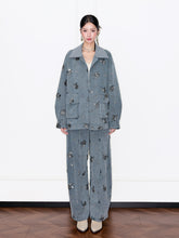 MUKZIN“Capsule Collection”Gray Rhinestone Embellished Oversized Heavy-Duty Wide-Leg Pants