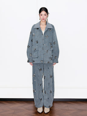 MUKZIN“Capsule Collection”Gray Rhinestone Embellished Oversized Heavy-Duty Wide-Leg Pants