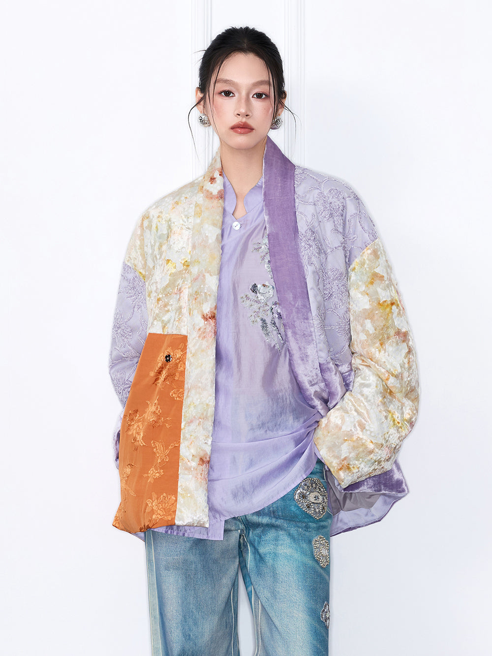 MUKZIN“Capsule Collection”Patchwork Oriental Puffer Jacket | Floral Embroidered Velvet & Jacquard Mixed Media Wrap Coat
