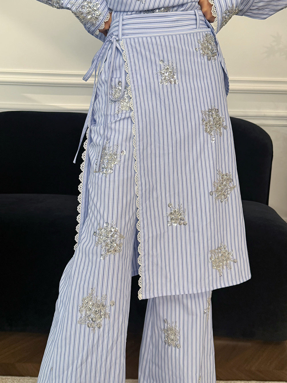 MUKZIN“Capsule Collection”Blue Striped Floral Embroidered Wide-Leg Pants | Oriental Sequin Embellished High-Waist Trousers