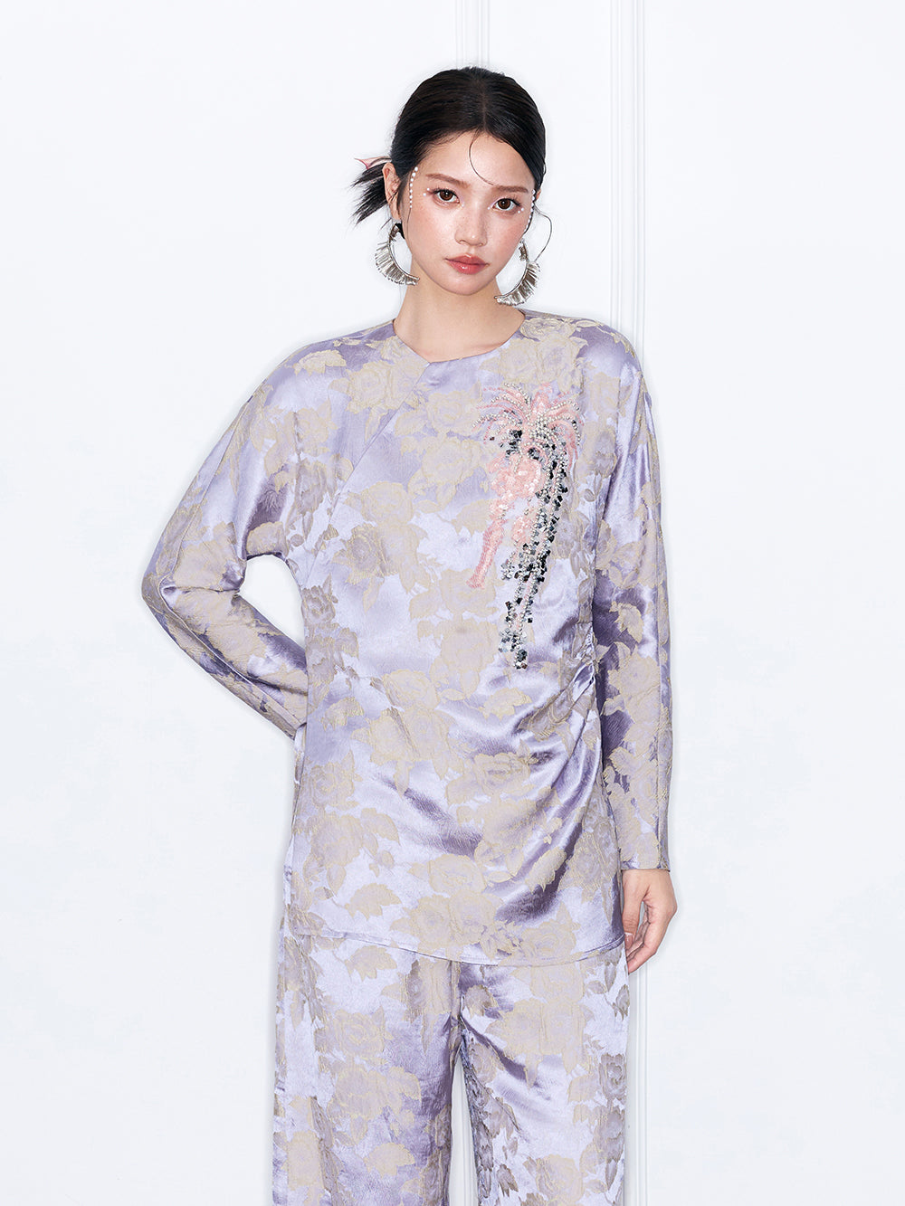 MUKZIN“Capsule Collection”Lavender Floral Jacquard Long Sleeve Top | Sequin Embroidered Oriental Blouse