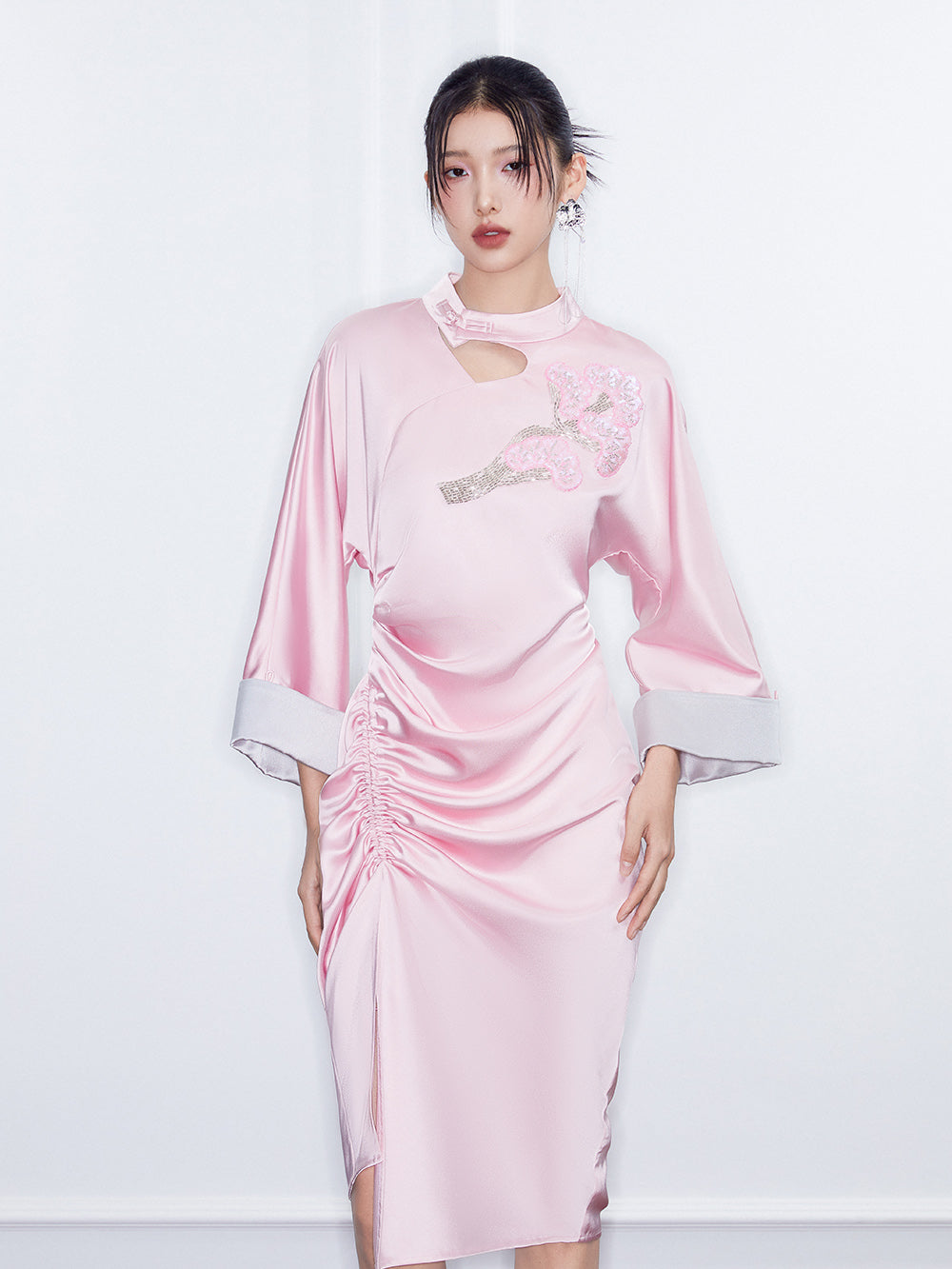 MUKZIN SpringPrelude“Wind in the Pines” New Chinese-style Satin Cheongsam Skirt with Waist Gathers