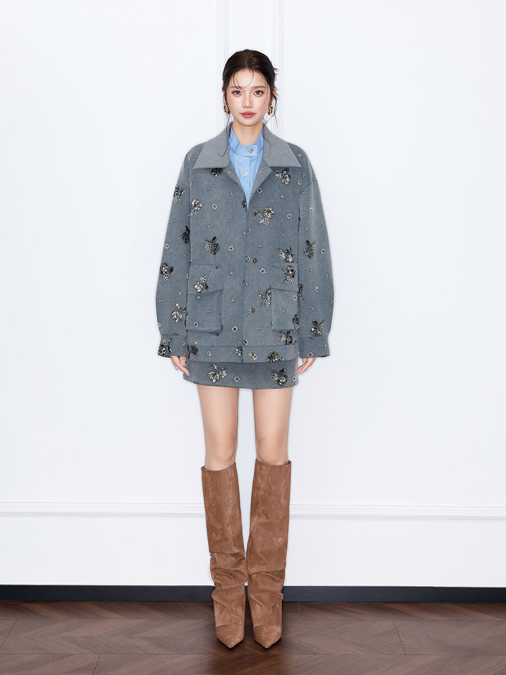 MUKZIN“Capsule Collection”Gray Denim-Textured Sequin Mini Skirt