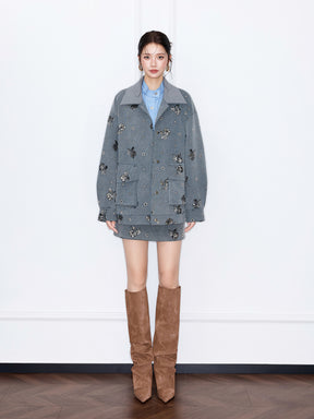 MUKZIN“Capsule Collection”Gray Denim-Textured Sequin Mini Skirt