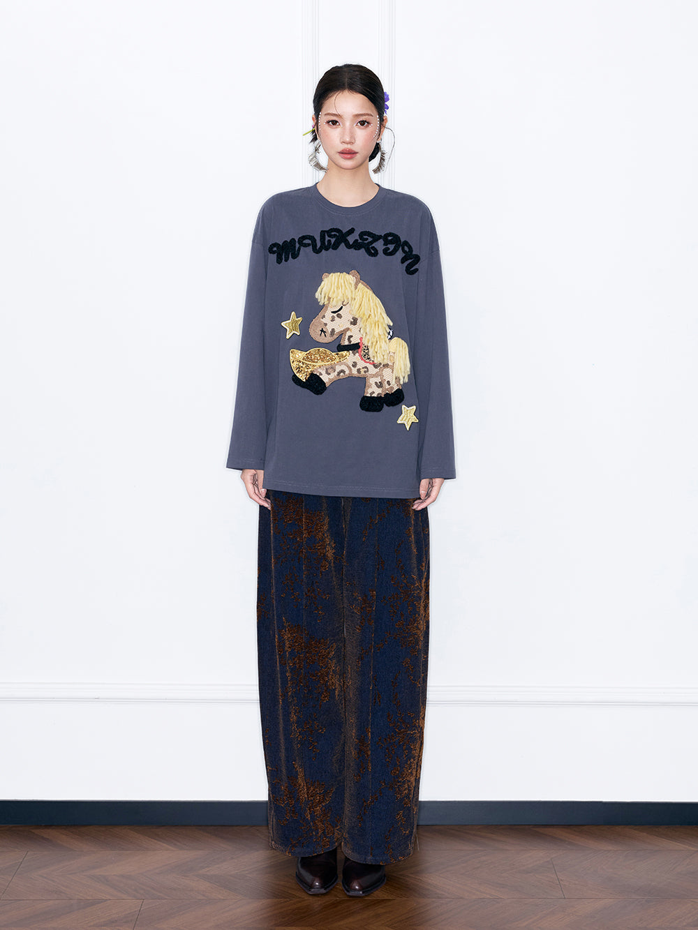 MUKZIN“Capsule Collection”Black and Gold Jacquard Curved Wide Leg Pants