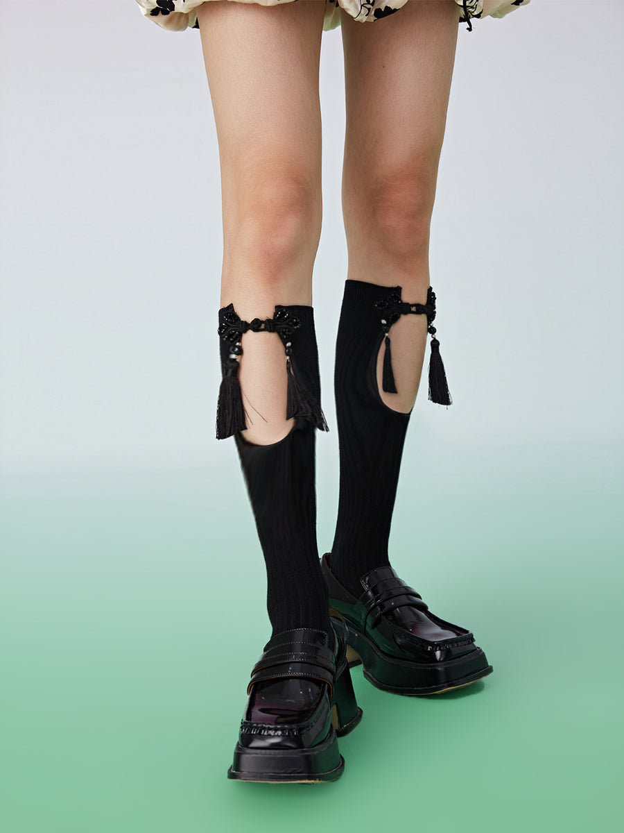MUKZIN Cut Out Fringe Black High Socks -囍XI
