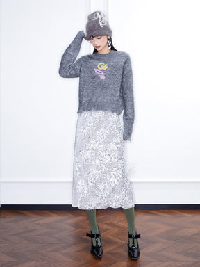 MUKZIN Linglong Long —Snake Embroidery Mohair Blend Sweater (White/Grey)