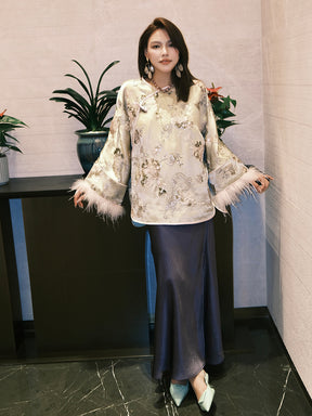MUKZIN“Capsule Collection”Champagne Gold Jacquard Qipao-Collar Feather-Sleeve Chinese Style Loose Shirt