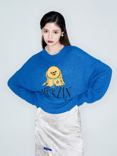 MUKZIN Linglong "Time Machine" Silhouette Crew Neck Cartoon Knit Blue Sweater