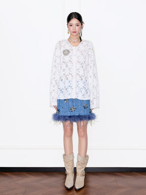 MUKZIN“Capsule Collection”White Lace Puff-Sleeve Cardigan