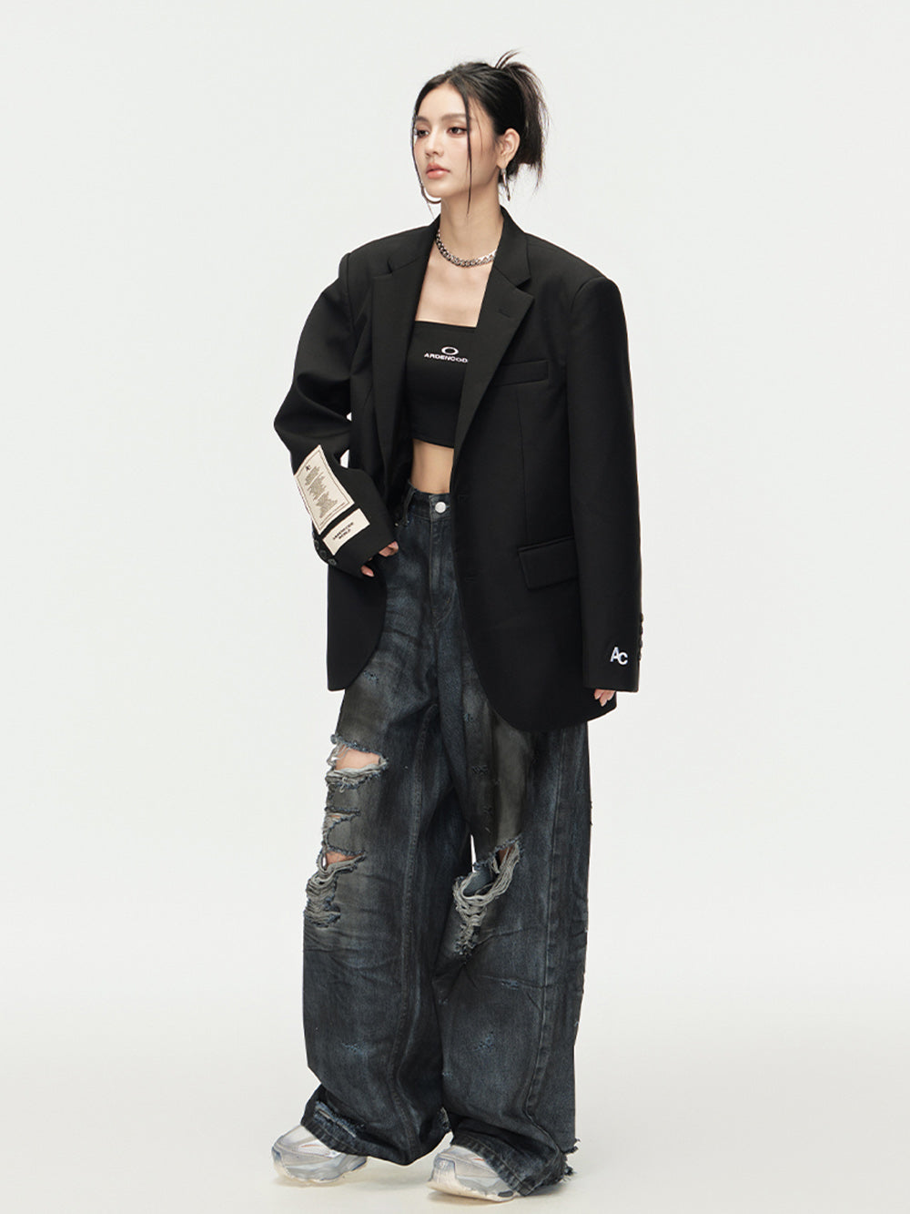 MUKTANK × ARDENCODE Neutral Washed Ripped Loose Wide-leg Jeans Pant