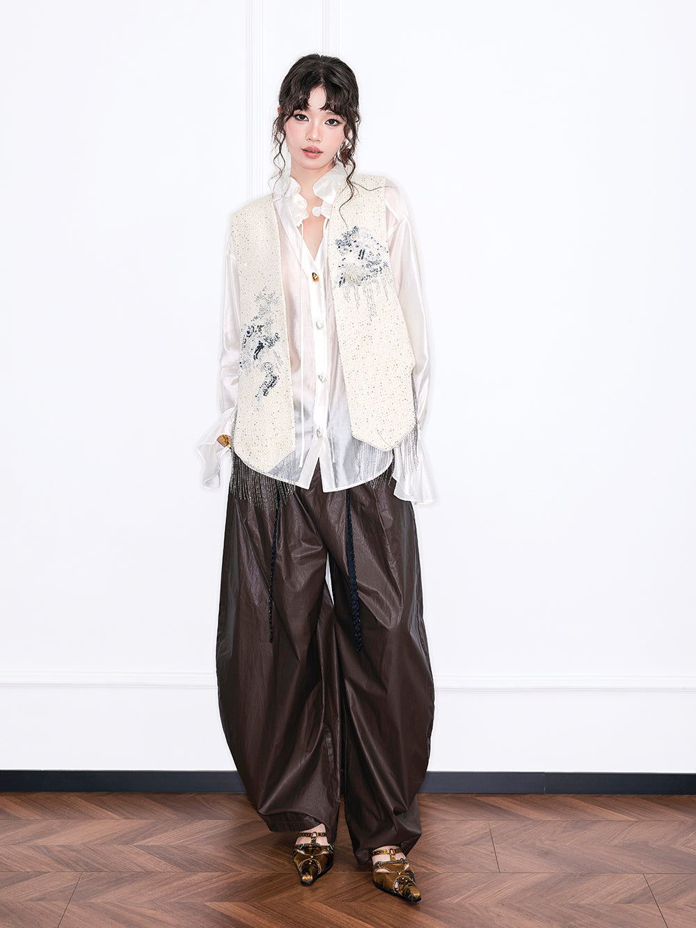 MUKZIN“Realm of Ethereal Mist”Dark Mocha Drawstring Waist Wide-Leg Pants