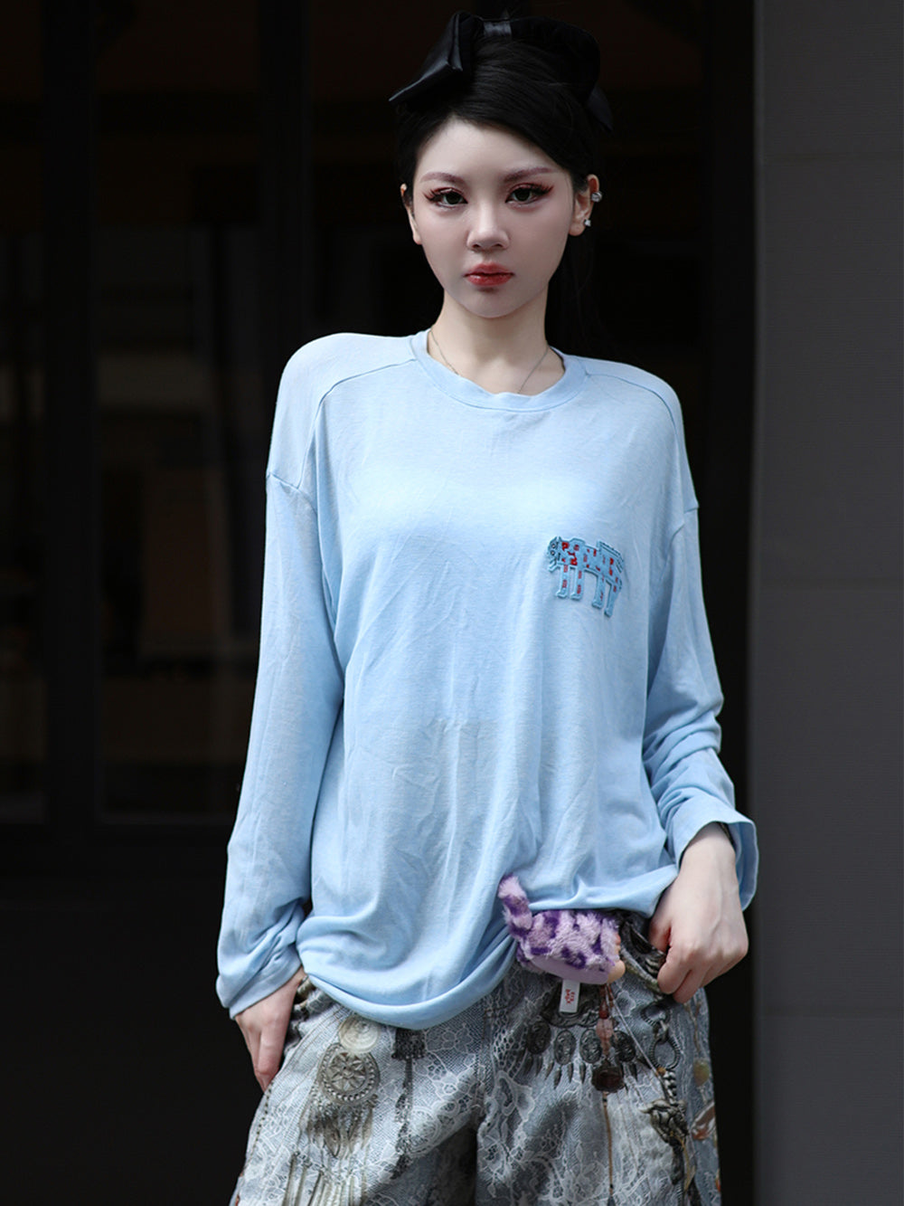 MUKZIN“Realm of Ethereal Mist”Light Blue Elephant Embroidered Loose Long - Sleeve T - shirt