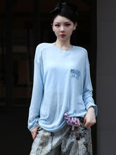 MUKZIN“Realm of Ethereal Mist”Light Blue Elephant Embroidered Loose Long - Sleeve T - shirt