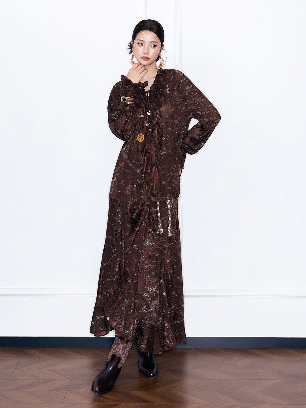 MUKZIN“Capsule Collection”Sheer Embroidered Brown Maxi Skirt | High Waist Boho Slit Skirt
