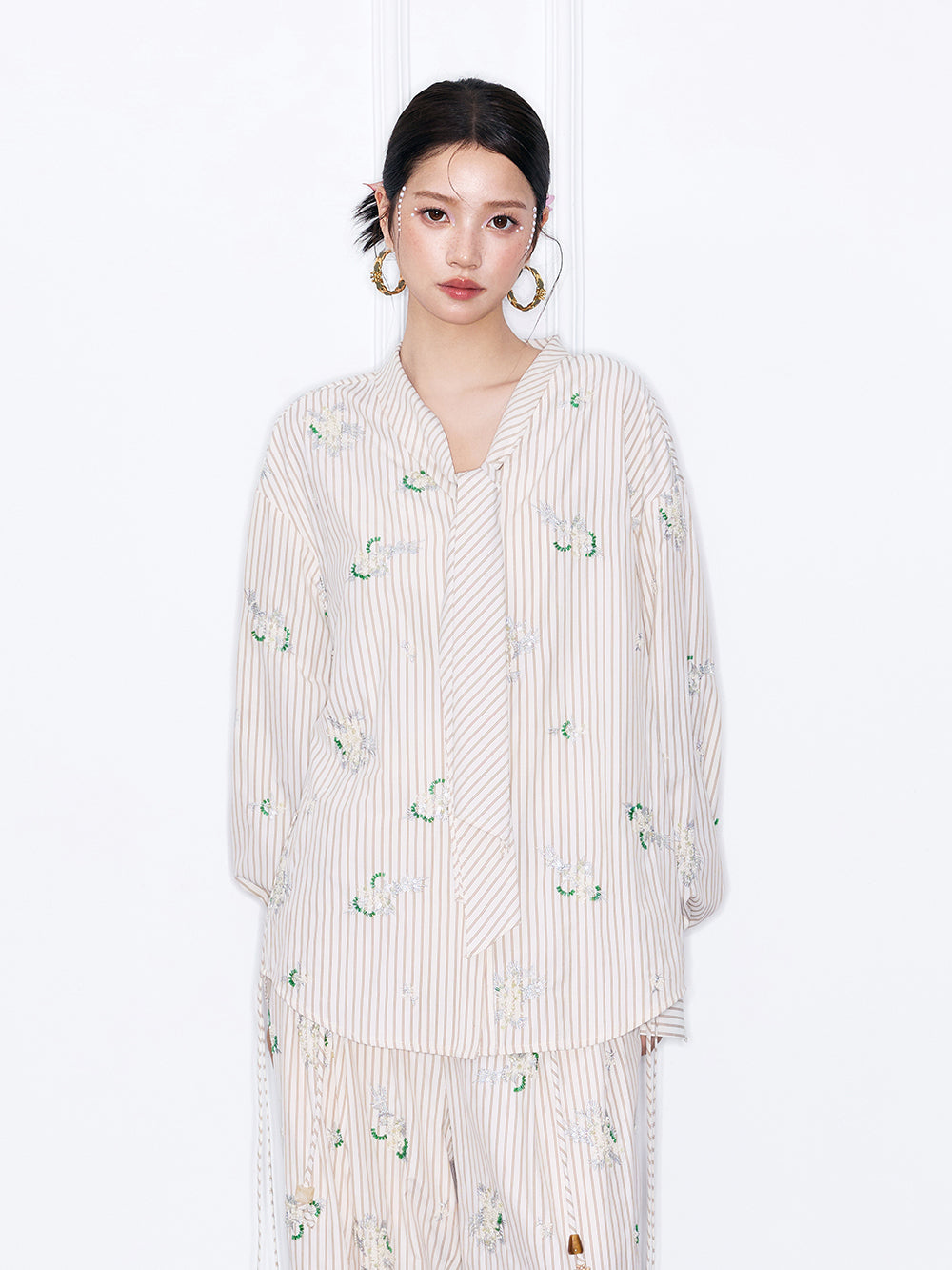 MUKZIN“Night Ballad of Chang'an”Striped Floral Embroidered Tie-Neck Blouse | Oriental-Inspired Long Sleeve Shirt