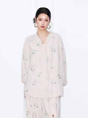 MUKZIN“Night Ballad of Chang'an”Striped Floral Embroidered Tie-Neck Blouse | Oriental-Inspired Long Sleeve Shirt