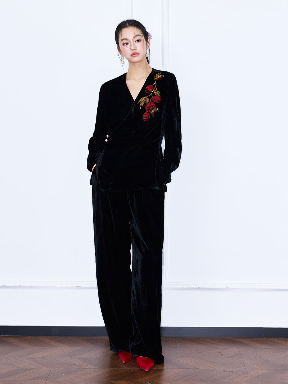 MUKZIN“Capsule Collection”Velvet Wrap Top with Red Floral Embroidery