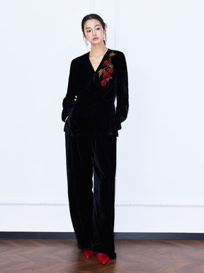 MUKZIN“Capsule Collection”Velvet Wrap Top with Red Floral Embroidery
