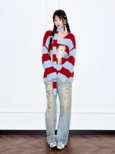 MUKZIN“The Sequence of Deer's Call”Red & Blue Striped Turtleneck Scarf Neck Pony Decor Sweet Cool Oversized Knit Sweater