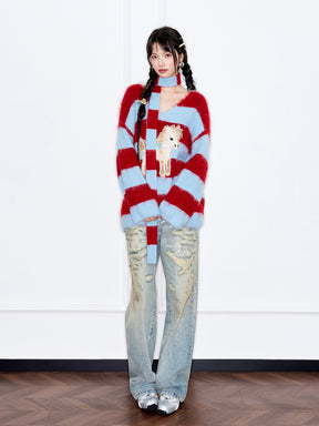 MUKZIN“The Sequence of Deer's Call”Red & Blue Striped Turtleneck Scarf Neck Pony Decor Sweet Cool Oversized Knit Sweater