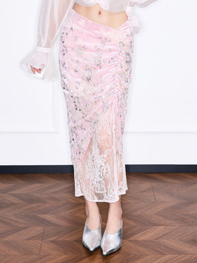 MUKZIN“Realm of Ethereal Mist”Sequin Beaded Lace Panel Pink Midi Skirt