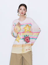 MUKZIN¡°Night Ballad of Chang'an¡±Y2K Star Heart Print Oversized Long Sleeve Tee, Vintage Bohemian Casual Knit Top for Women