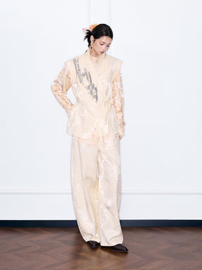 MUKZIN“Night Ballad of Chang'an”Beige Jacquard Sleeveless Vest with Sequin Embroidery | Oriental Wrap Belted Waistcoat