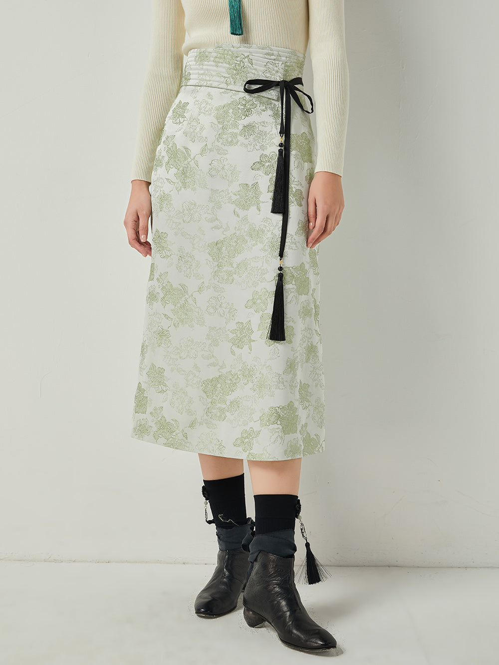 MUKTANK×CUUDICLAB New Chinese Style Floral Midi Skirt