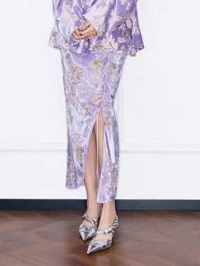 MUKZIN“Night Ballad of Chang'an”Velvet Jacquard Midi Skirt for Women - High Waist Slit Bodycon Maxi Skirt