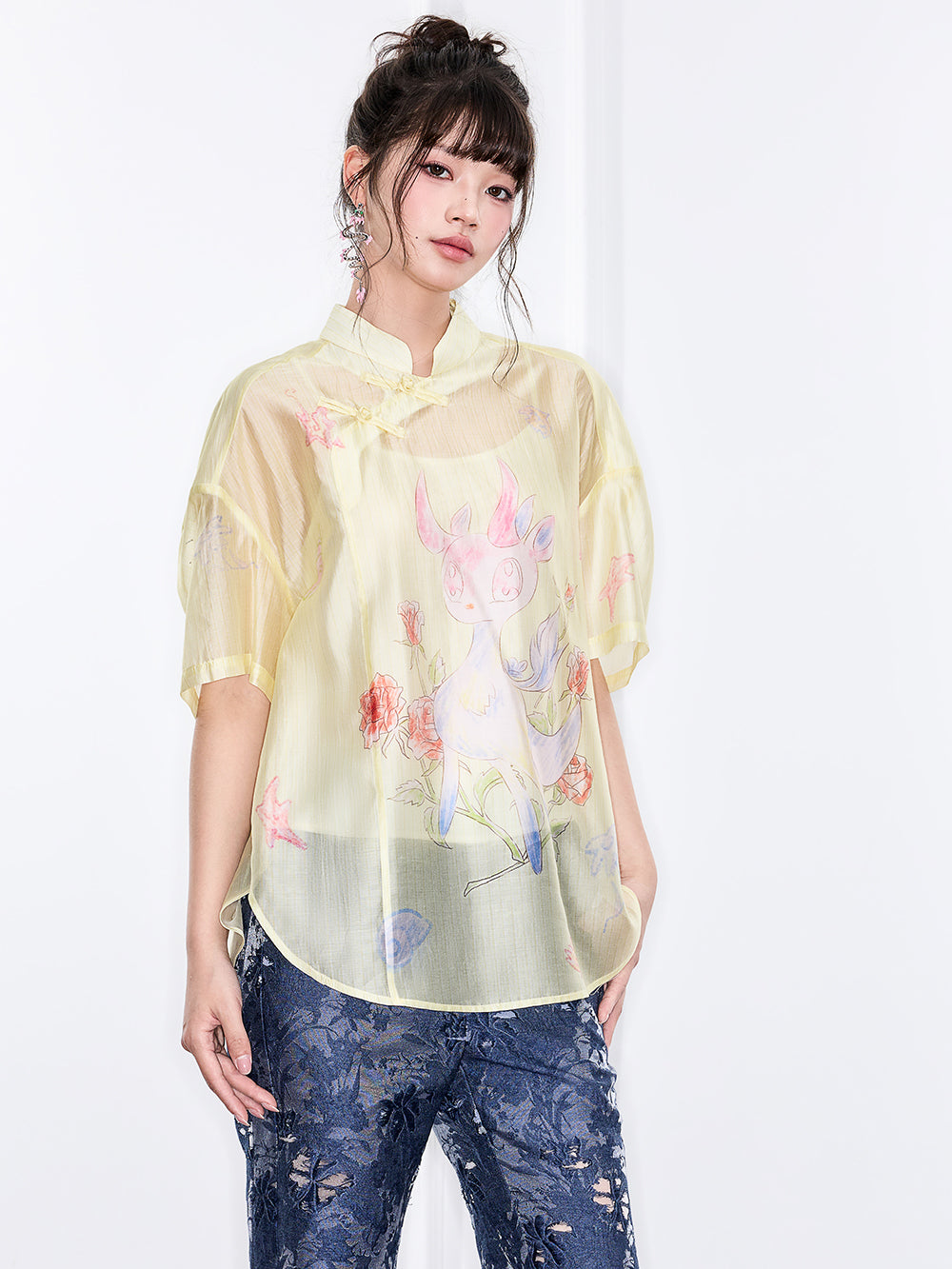 Mukzin "Ode To The New Summer"New Chinese-Style Shirt With Frog Buttons At The Collar And Printed Patterns