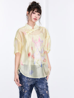 Mukzin "Ode To The New Summer"New Chinese-Style Shirt With Frog Buttons At The Collar And Printed Patterns