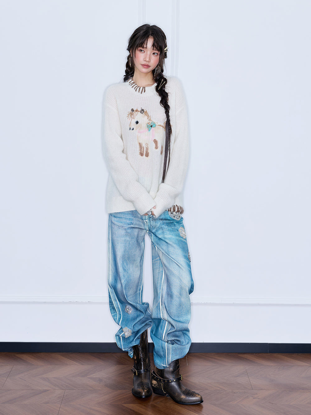 MUKZIN“The Sequence of Deer's Call”Cream White Contrast Trim Pony Decor Oversized Fuzzy Knit Sweater