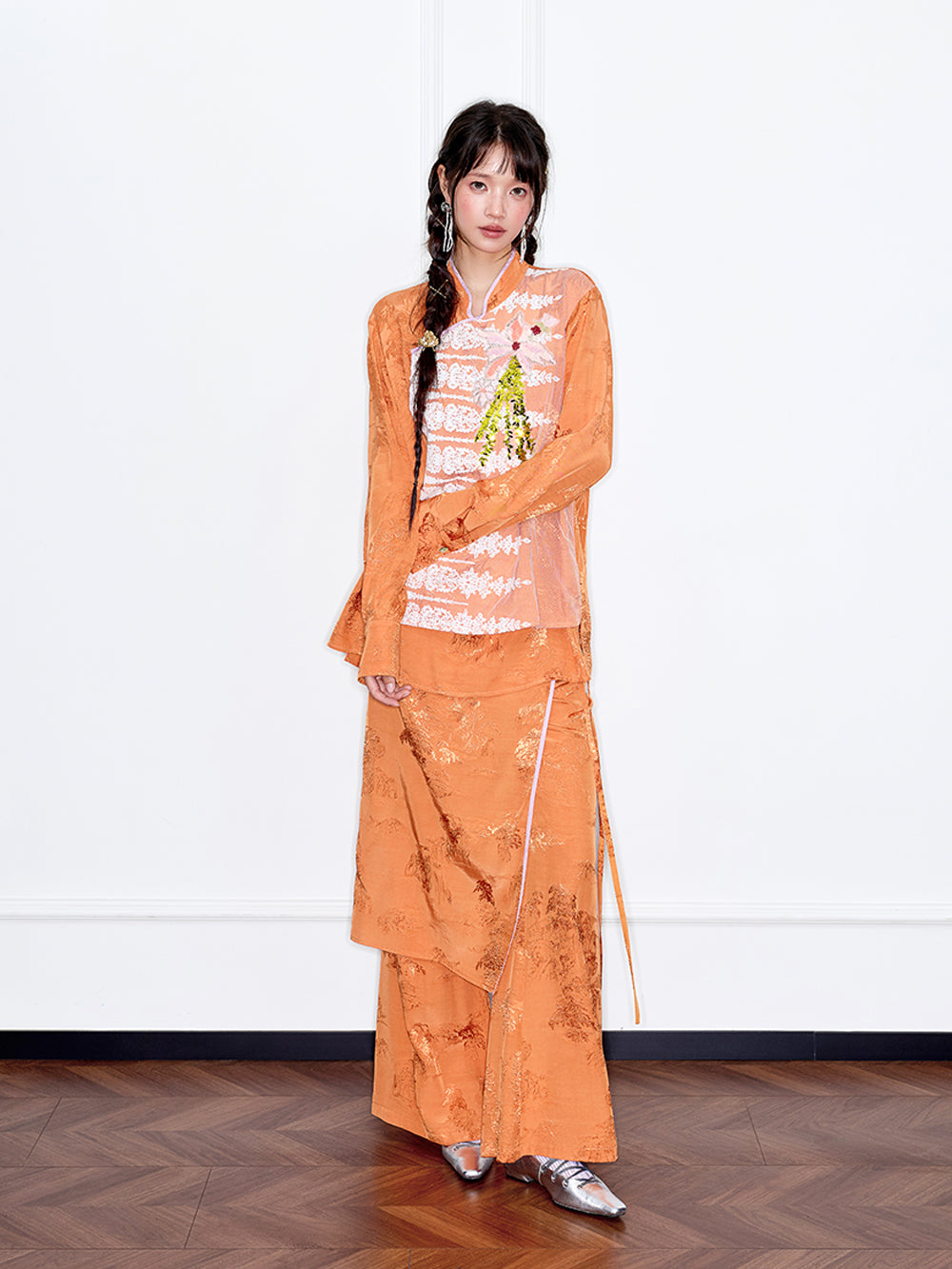 MUKZIN“Capsule Collection”Caramel /Light Blue Jacquard Fake Two-Piece Wide-Leg Pants